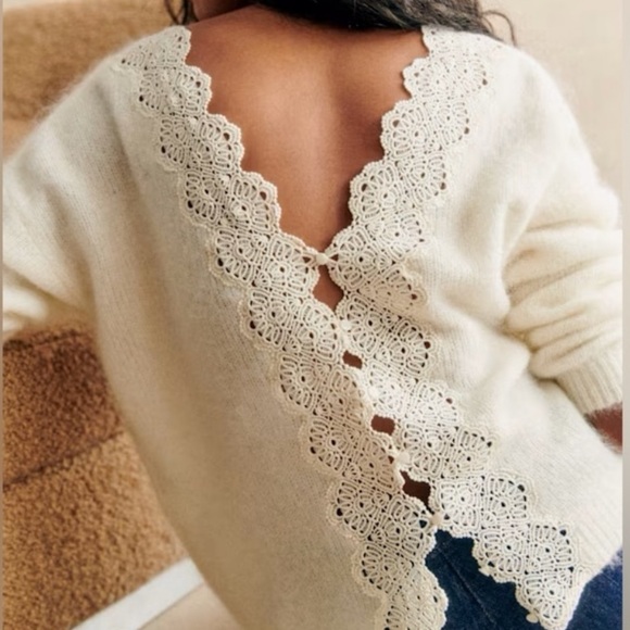 Sezane Sweaters - Sezane Astride Jumper in Ecru Lace-Trim V-Back Sweater